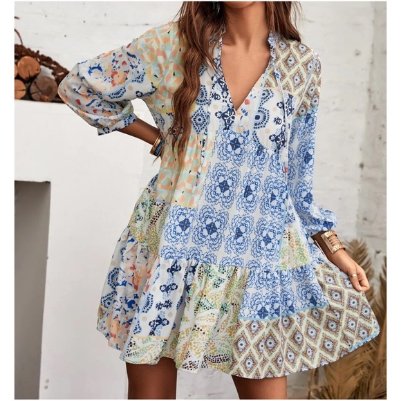 Boho Floral Print Pastel Ruffle Mini Dress - Picture 2 of 4